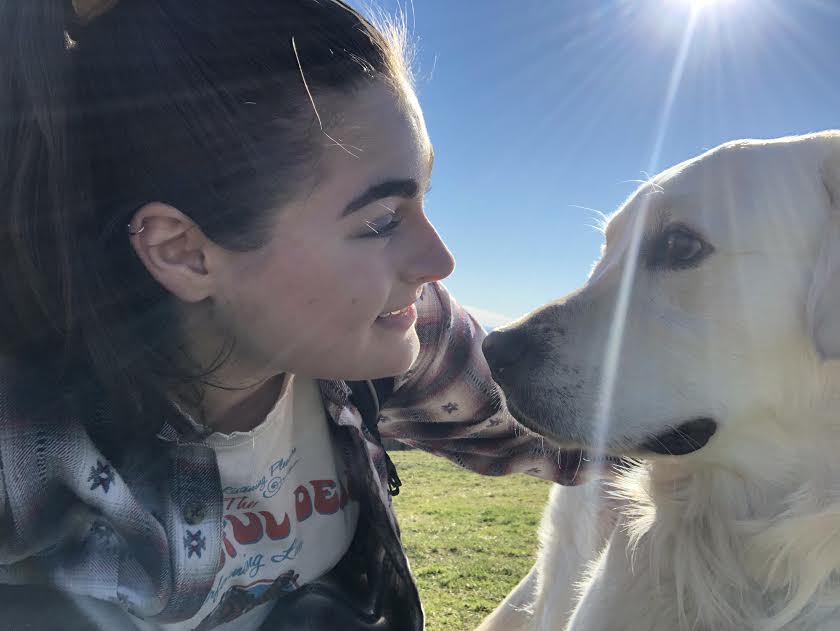 Girl looking at a white golden retriever outside 